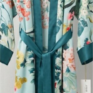 Floral Satin Robe in Teal Trim and Pastel Floral Print
